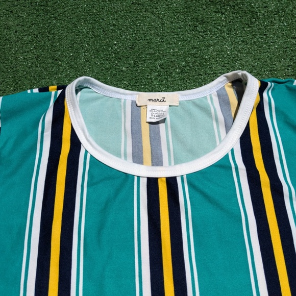 Marci Womens Juniors Green Blue White Yellow Striped Short Sleeve Shirt SzXL GUC - Picture 7 of 8